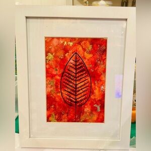 Alcohol Ink leaf painting 9 x 11 framed, gold flakes Original art